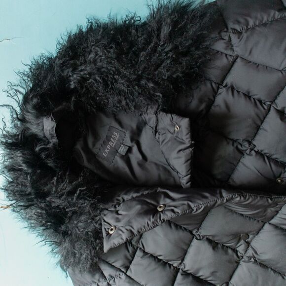 Express Vintage Down Filled Faux Fur Collar Puffer Jacket Size Medium Nylon - Picture 2 of 7